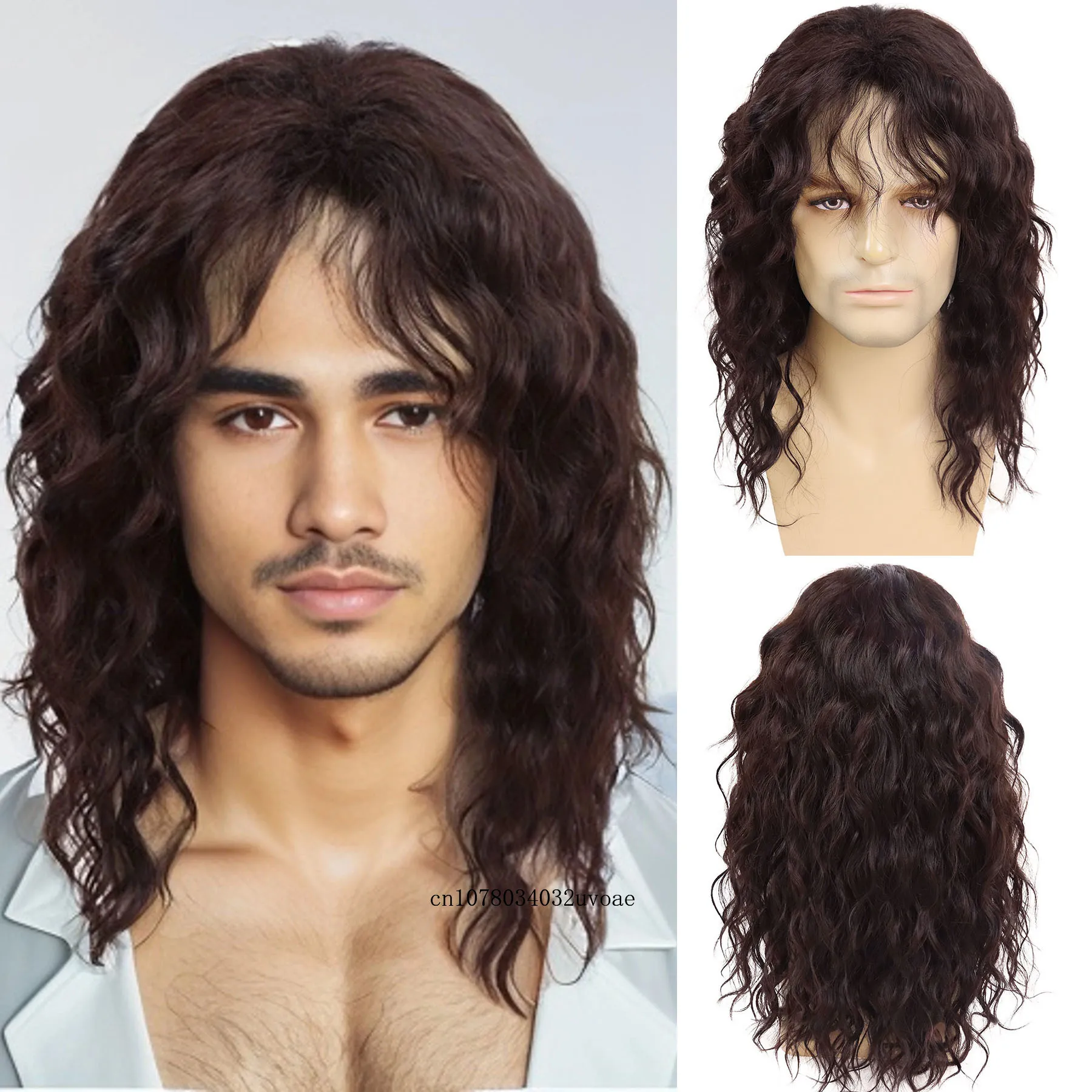 Synthetic Natural Brown Wig Long Curly Hair for Men Daily Use Layered Wig with Bangs Gift Outfits Costume Party Wigs Male Wigs