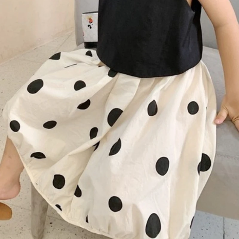 Summer Girls\' Clothing Sets Back Buttons Hollow Vest Casual Top + Polka Dot Skirt Fashion Baby Kids Outfit Children Clothes Suit