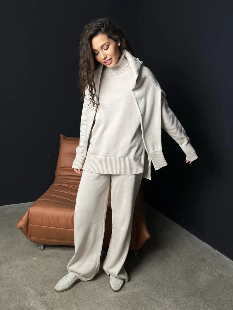 

Blubelle Women's New Autumn Winter Turtleneck Knit Sweater Wide Leg Pants 2 Piece Set Soft Fabric Loose Fit Elastic Waist Sets