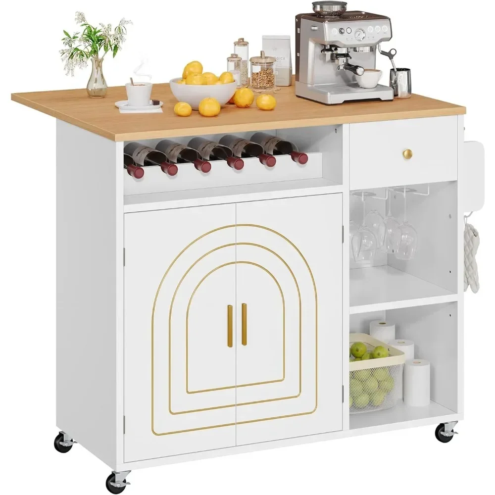 Kitchen Island with Folding Drop Leaf, Rolling Kitchen Cart with 2 Gilded Cabinet Doors, Kitchen Island Cabinet on Wheels