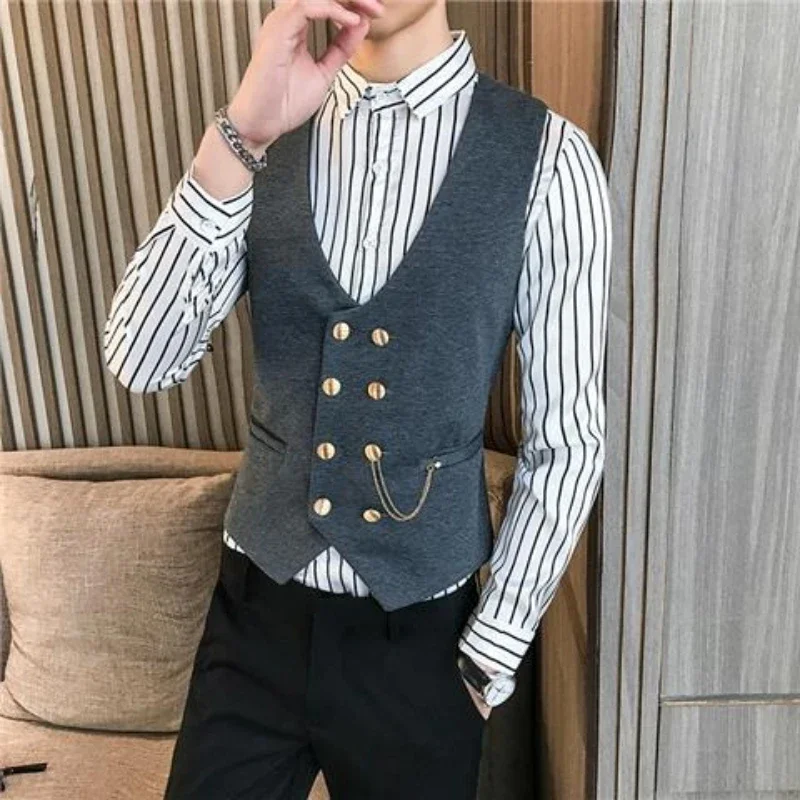 

UK Trendy Double Breasted Suit Vest for Men Korean Design Slim Fit Blazer Vest Hairdresser Workwear​