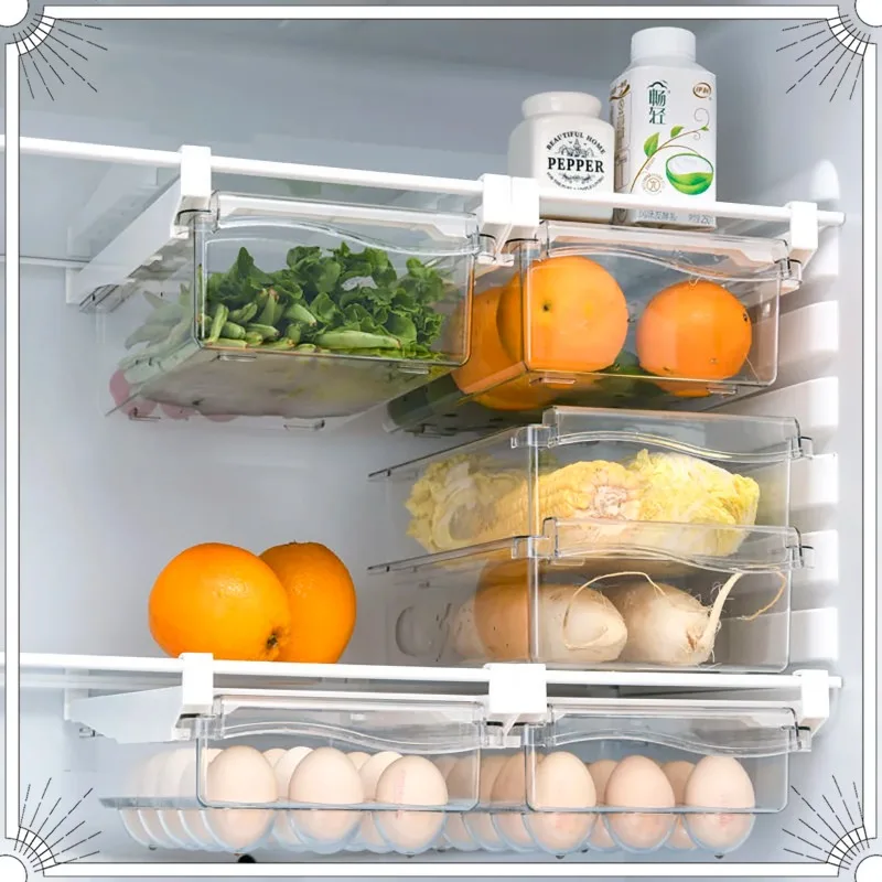 Clear Fruit Organizer Rack Holder Drawer Type Food Storage Box for Refrigerator Under Shelf Slide Plastic Kitchen Container