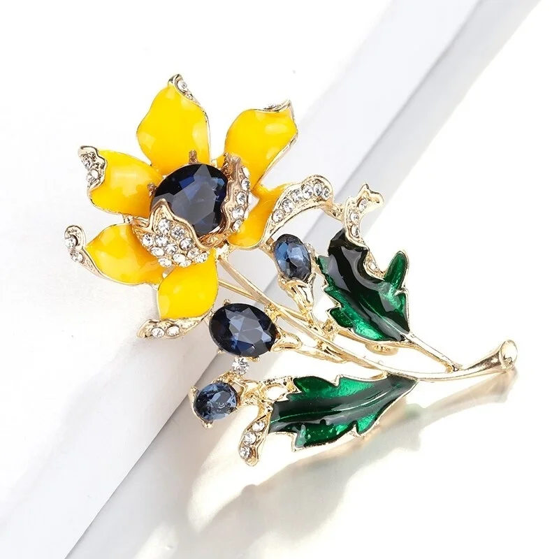 Color Enamel Flower Brooches for Women Fashion Beautiful Large Cyrstal Rhinestone Plant Brooch Female Jewelry Gift