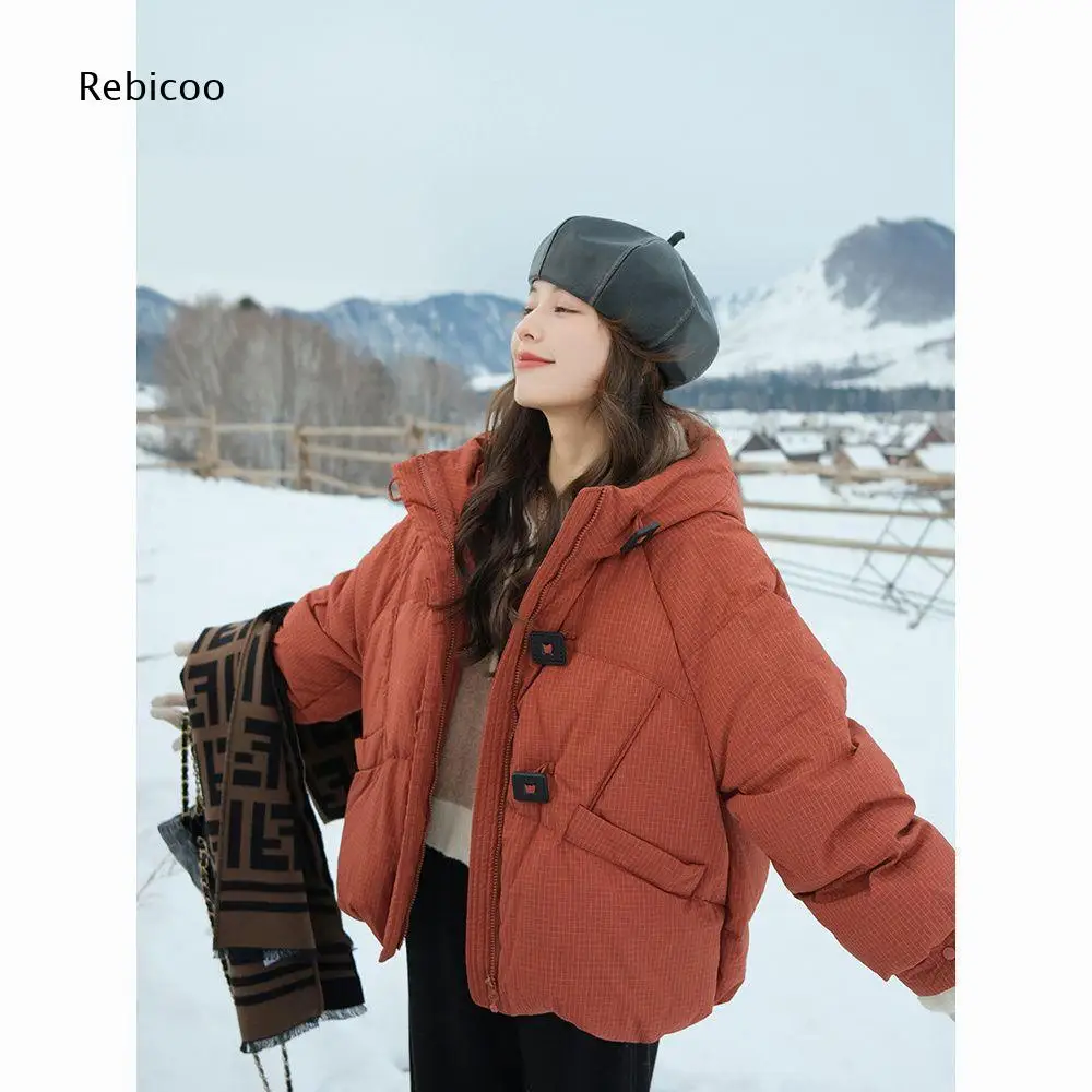 Casual Women Loose Short Hooded Grid Padded Jacket Zip Up Long Sleeve Warm Puffer Coat For Winter Shopping Daily Looks
