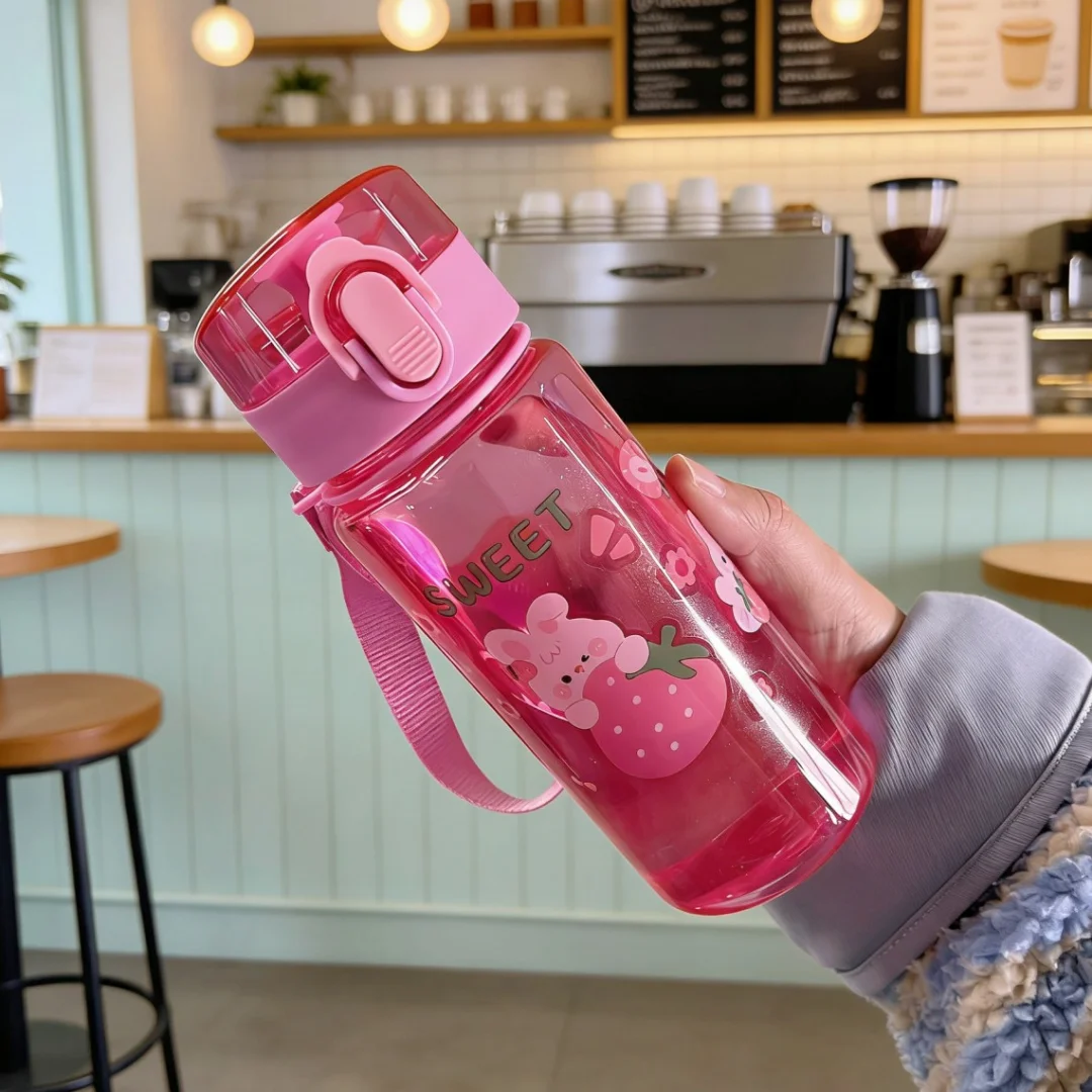 Transparent Minimalist Water Bottle with Cute Rabbit & Lemon Cartoon Pattern, lightweight and leak-proof，fitted with portable