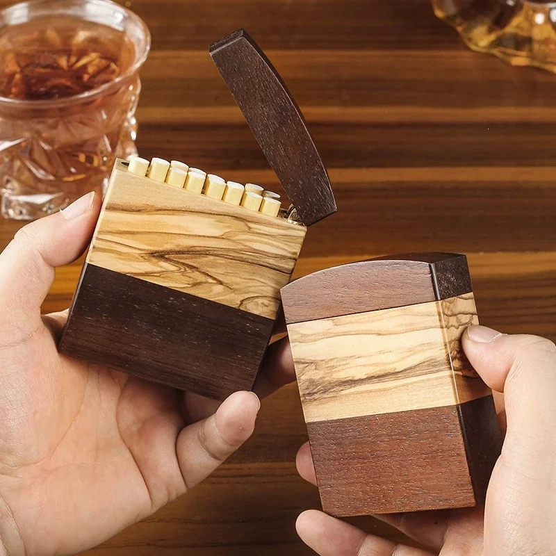 

15pcs Vintage Black Walnut Flip Lid Cigarette Box Anti Crush Moist Resistant Pocket Tobacco Storage Case Men Smoking Accessory