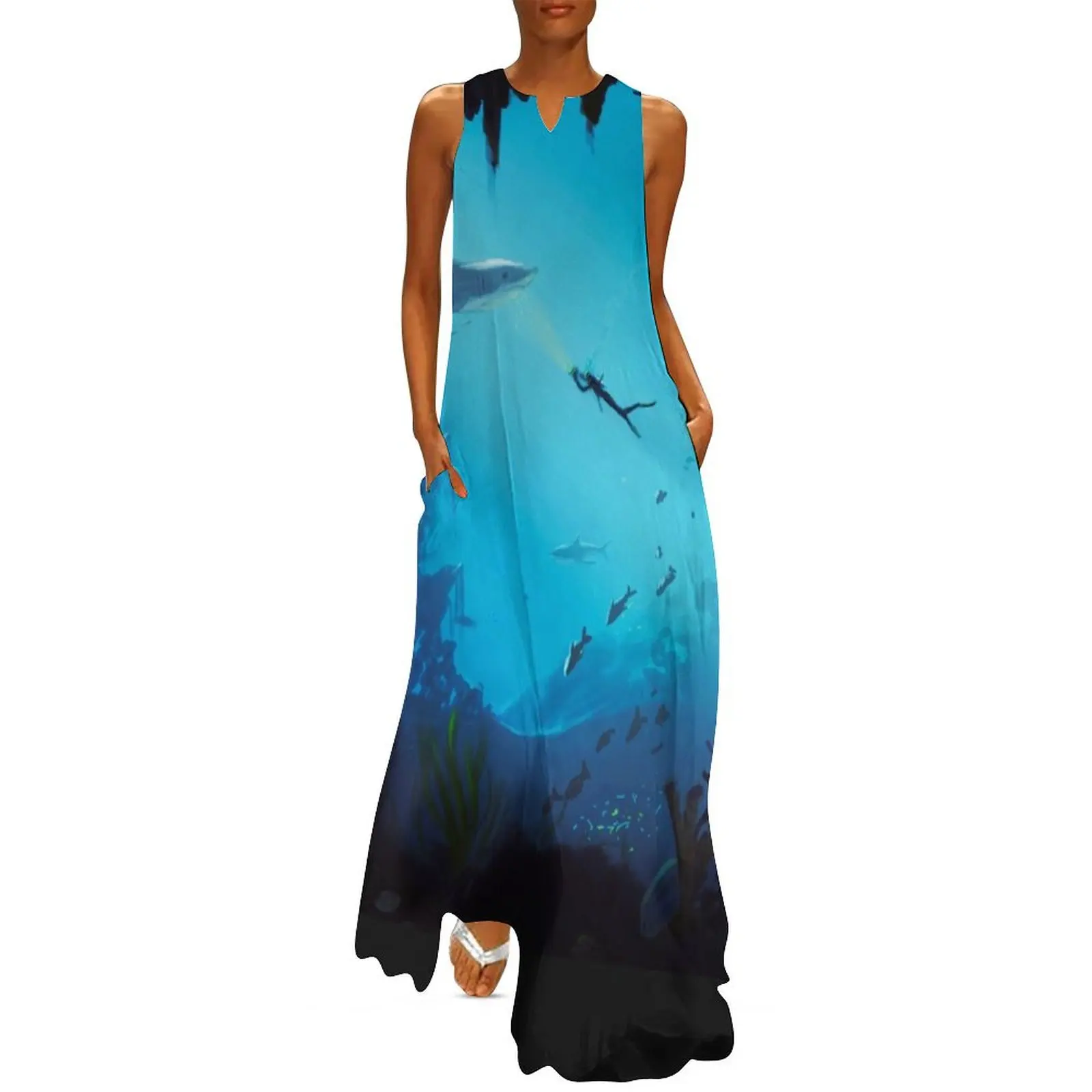 

underwater shark and diver Long Dress Women's clothing dresses for women long dress women Dress