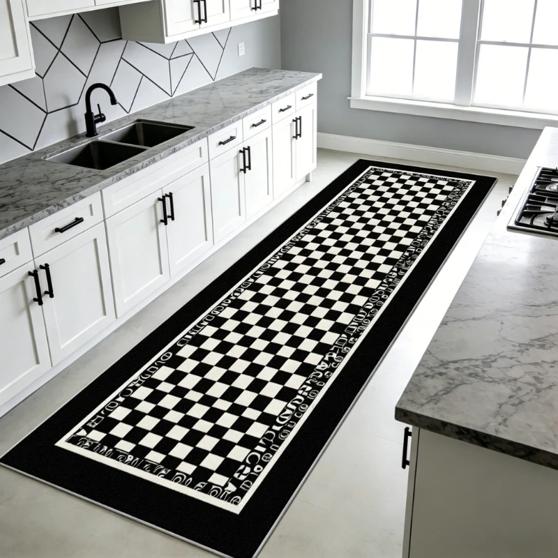 Kitchen Rug Non-slip Wear-resistant Floor Mat Black and White Geometric Pattern Long Carpet Home Decoration Alfombra De Cocina
