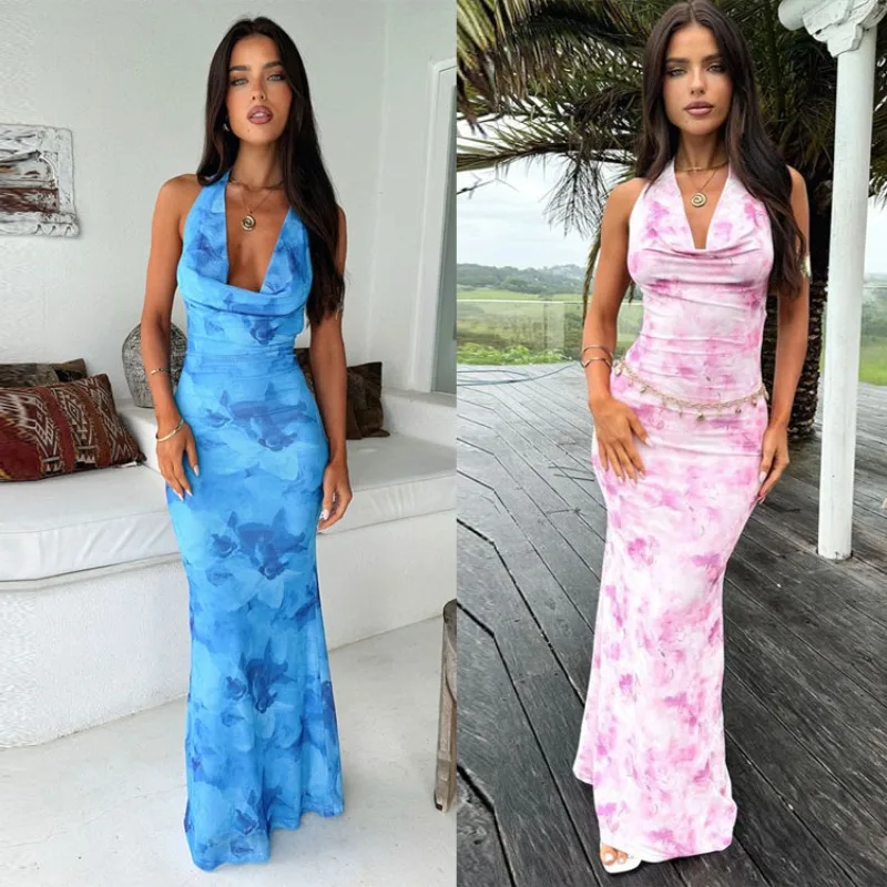 Modna damska sukienka na ramiączkach z nadrukiem w kolorze niebiesko-różowym, elegancka sukienka na lato 2025, w stylu boho chic, seksowna sukienka na plażę