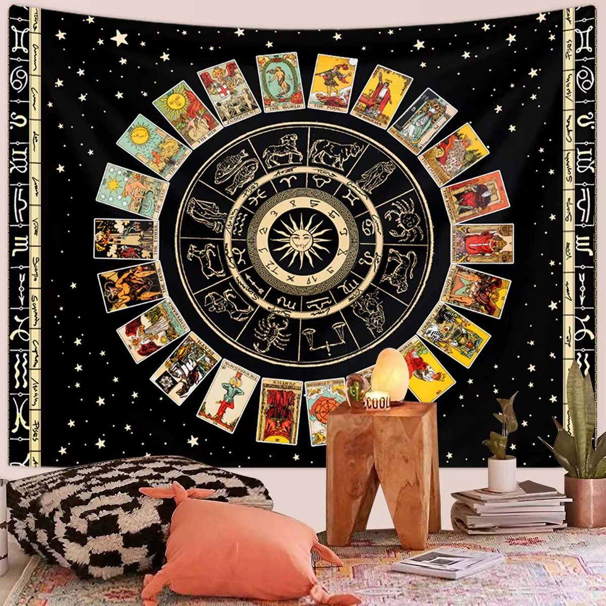 VIKAMA Constellation Tarot Tapestry Gold and Black Tarot Formation with Mystic Runes Living Room Bedroom Studio Wall Decoration