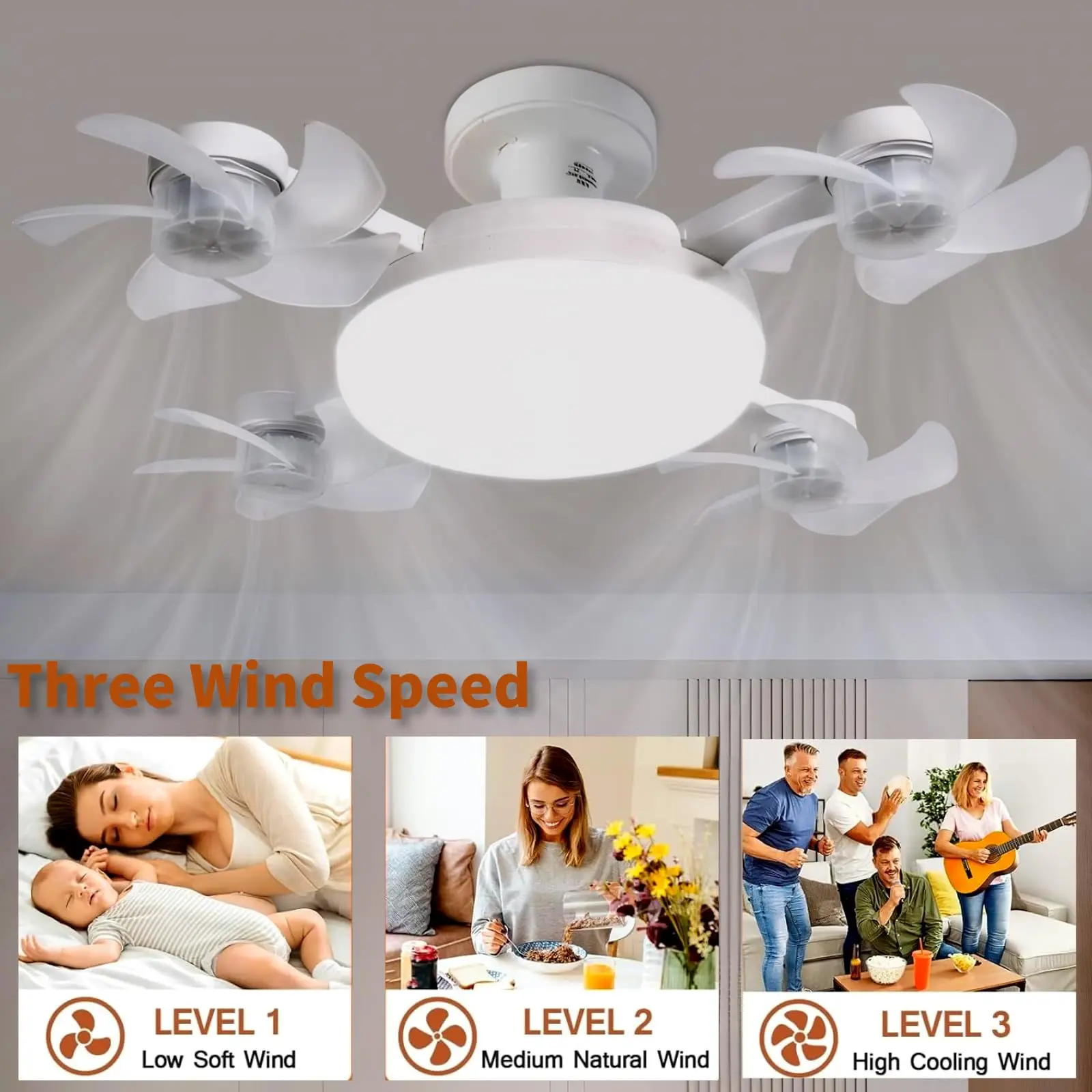 Screw in Ceiling Fan with Remote Control Light Bulb Dimmable 3 Color Temperatures & 3 Wind Speeds for Bedroom, Kitchen (4 Head) view 2