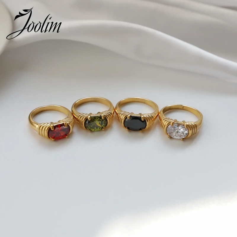 

Joolim Jewelry High End PVD Wholesale Tarnish Free Vintage Emerald Red White Black Zirconia Stainless Steel Ring For Women