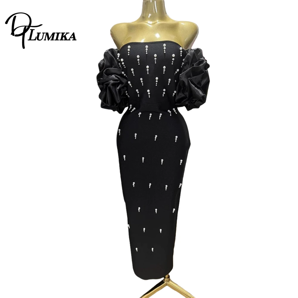 DTLumika Pearls Sheath Formal Dress for Women, Off Shoulder Tailored Evening Dresses, Wedding Guest Birthday Party Gown