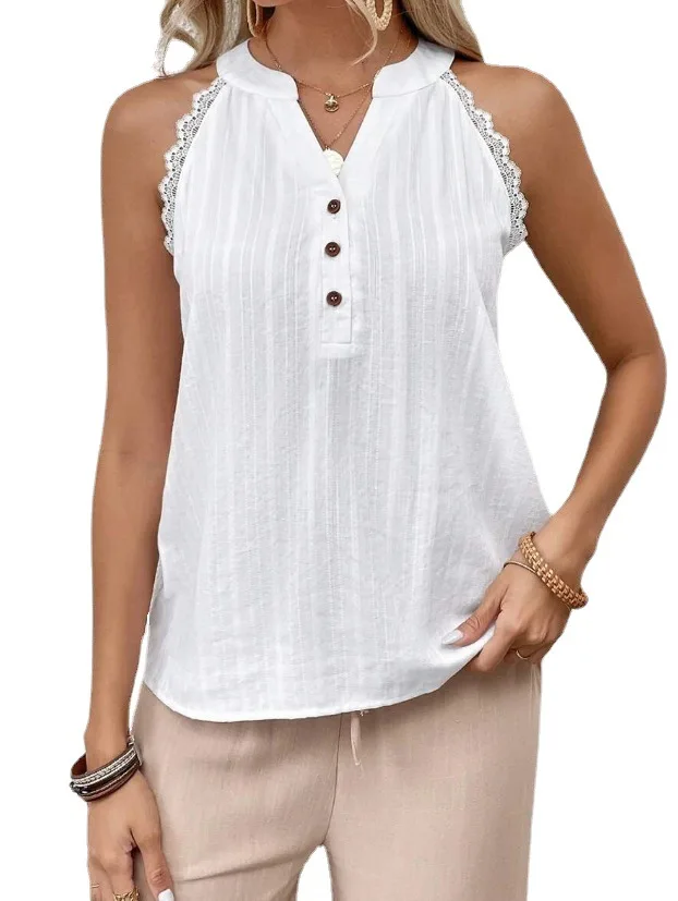 White Lace Patchwork Loose Casual Shirt Blouse Women Summer Fashion V-neck Sleeveless Shirts For Women 2023 Office Cotton Top