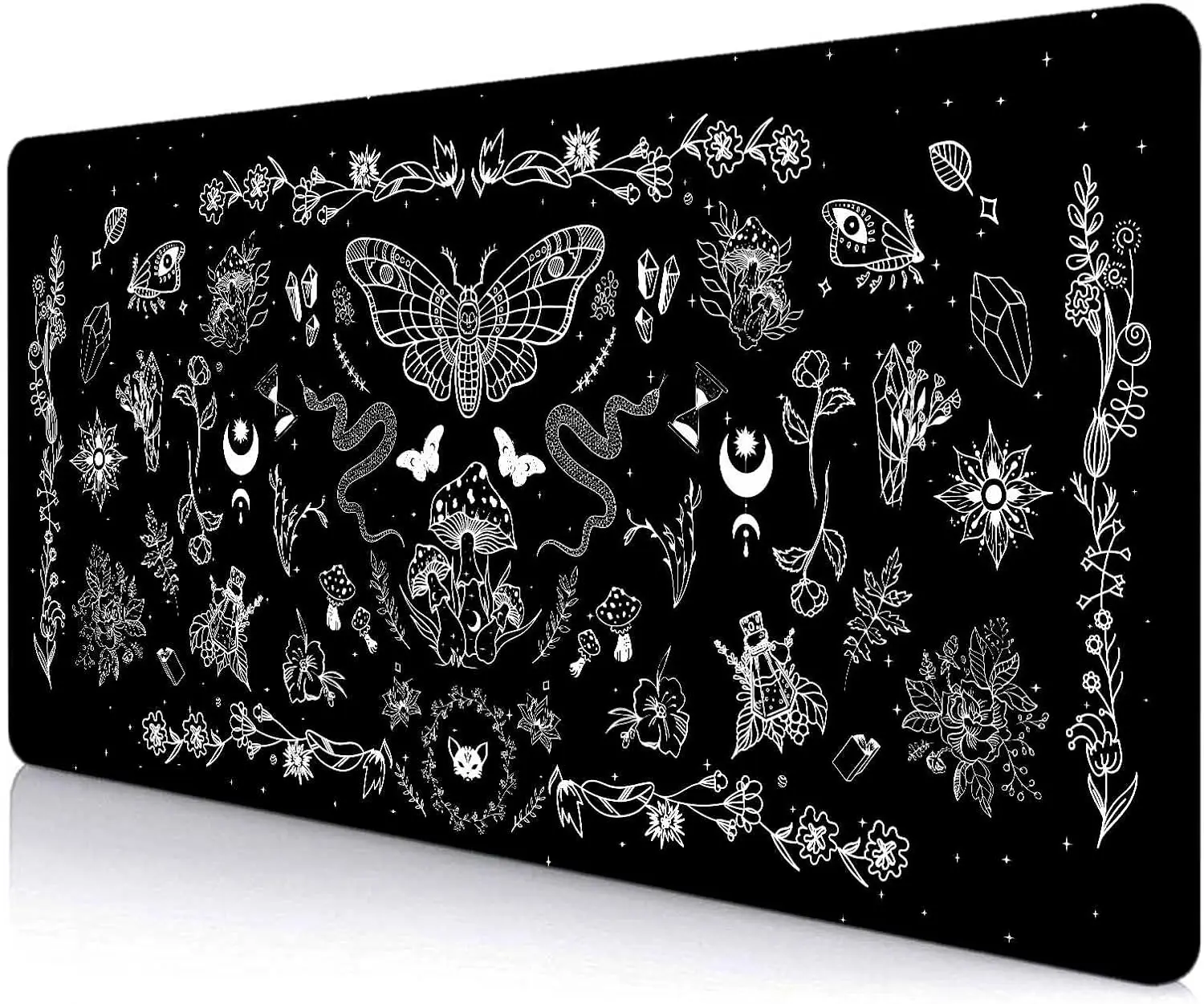 Gothic Witchy Celestial Mushroom Mauspad – schwarze okkulte Schreibtischunterlage für Gaming und Halloween-Dekoration