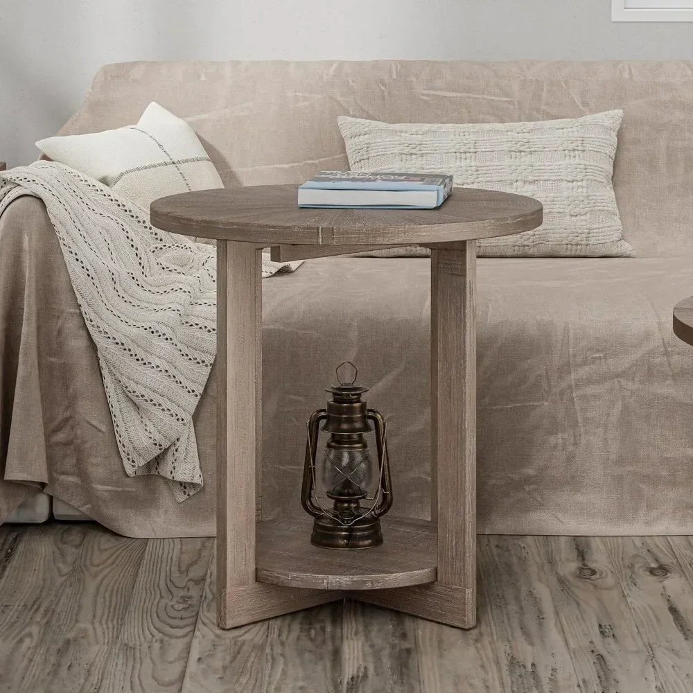 Round Wood End Tables with Storage, Rustic Farmhouse Accent Table with Distressed Wood Top, Circle Table for Living Room