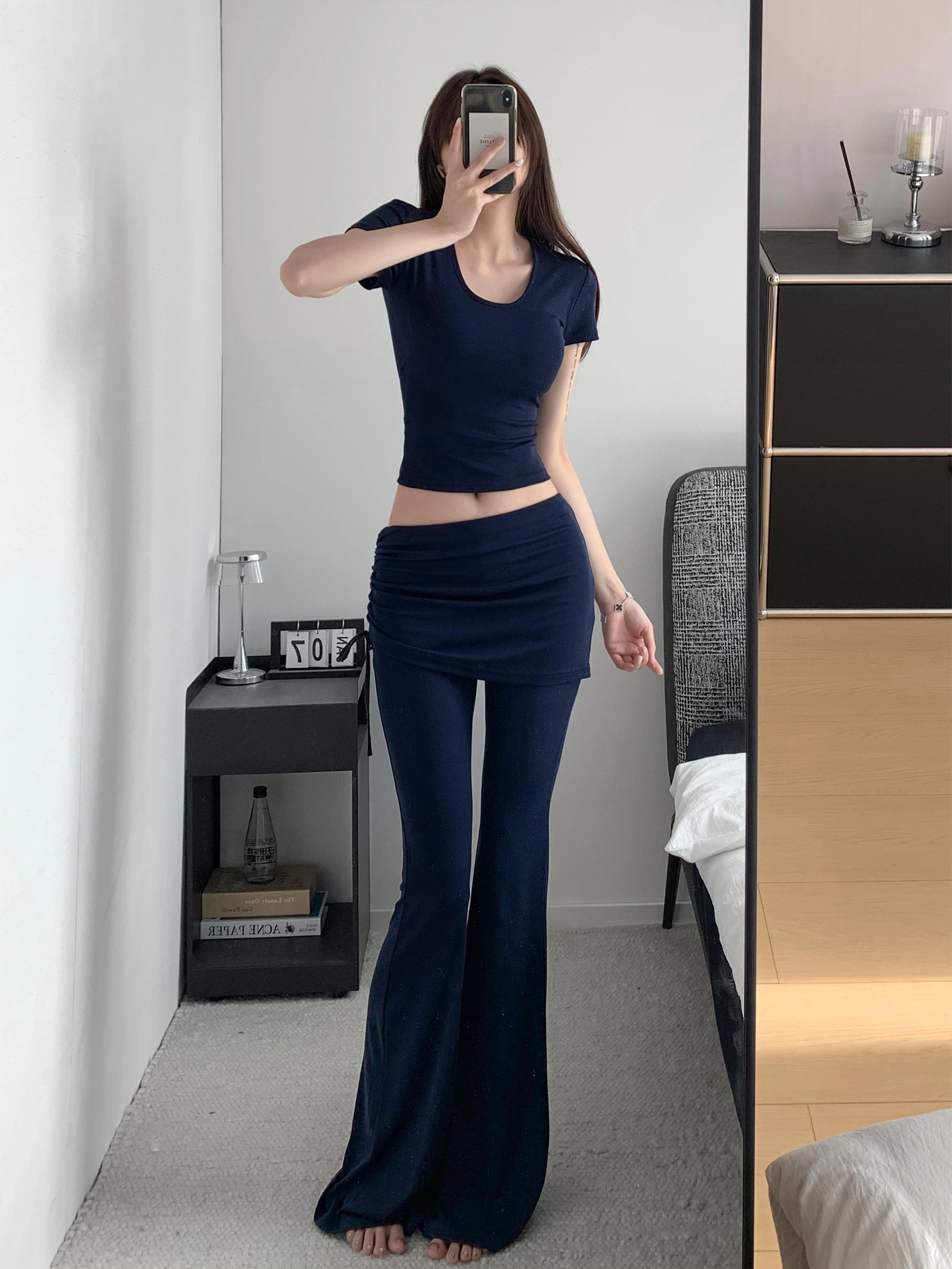 

Low Waist U-Neck Short Sleeve T-Shirt And Flared Pants Two-Piece Set Women's Summer Casual Wear Viscose Fabric High Waist Pants
