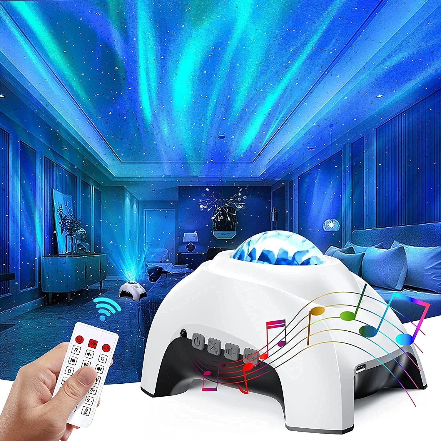 Quarto Aurora Galaxy Star Projector, Luz noturna com ruído branco, alto-falante sem fio, venda quente