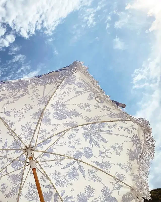 خمر هامش الشمس في الهواء الطلق القطب قماش المظلات الصفراء مظلات الشاطئ مع شرابات/بوهو خشبية مخصصة فاخرة المحمولة 8 أقدام