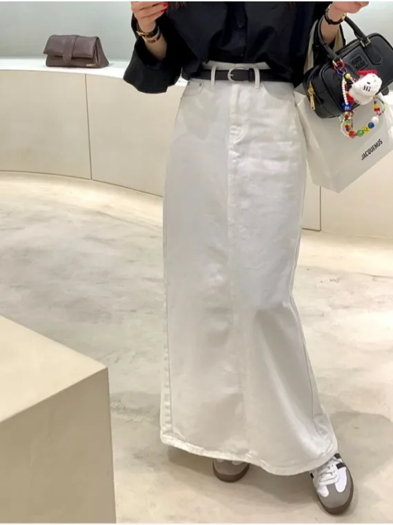 Falda Asimétrica de Mezclilla de Cintura Alta a la Moda para Mujer, Blanca, Larga, Elegante, Primavera 2026, Nueva Llegada, Chic