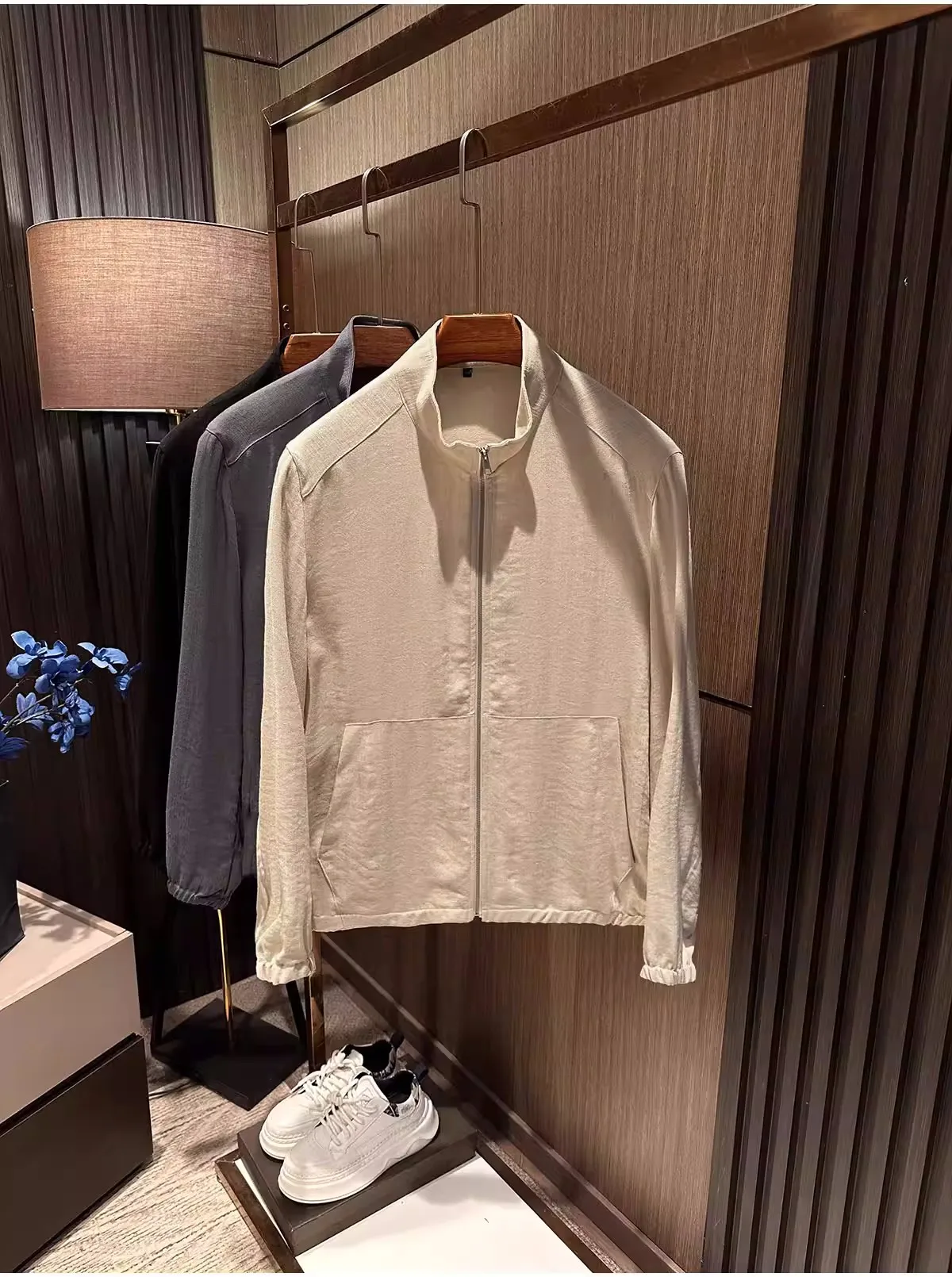 Spring new men's high-end stand up collar solid color linen jacket