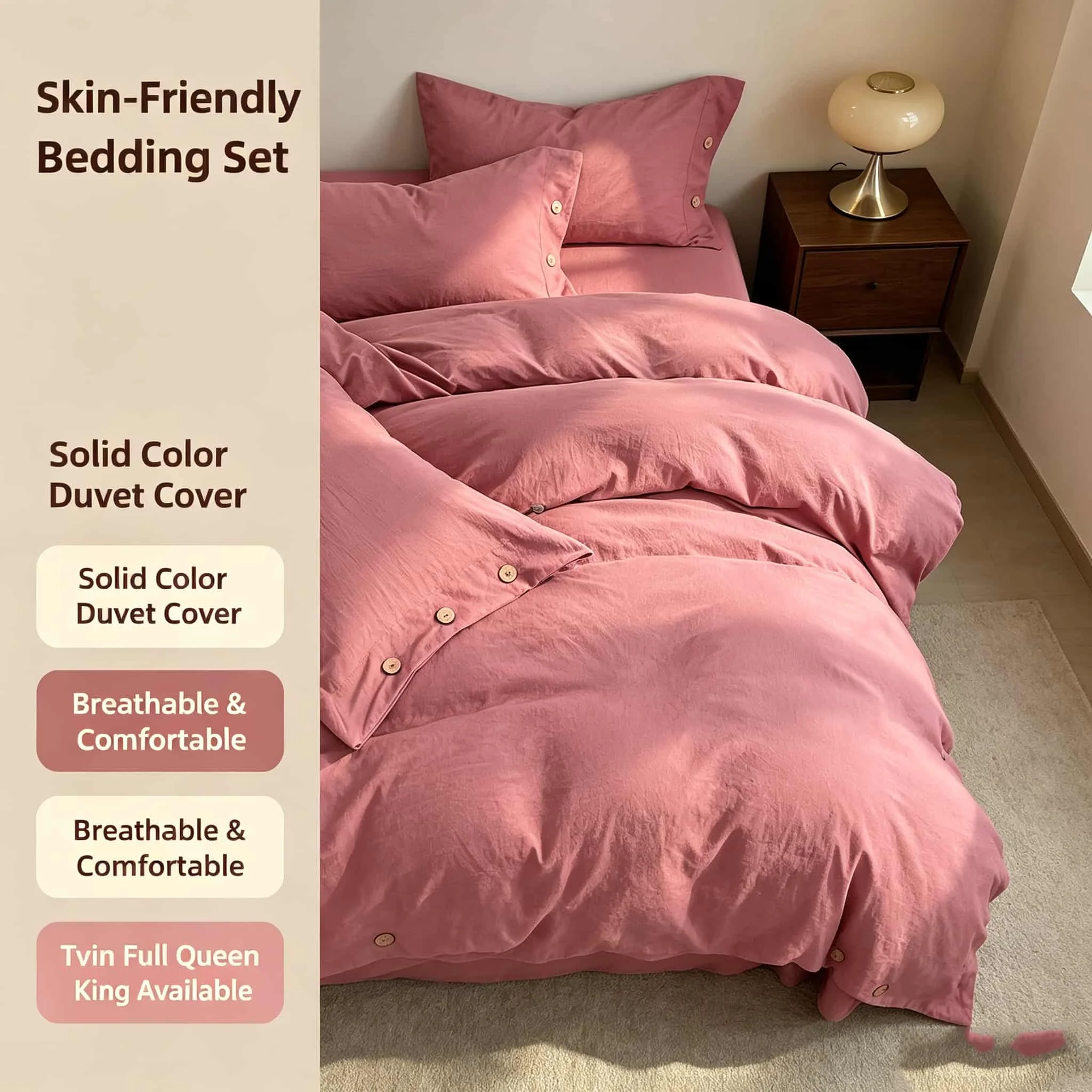Solid Color Wooden Button Duvet Cover Antimicrobial Skin Friendly Bedding Set, 4Pcs Bedding Sets and Components, All Season