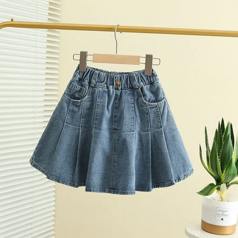 Girls' high-waisted denim skirt for summer Fashionable pleated short skirt for children