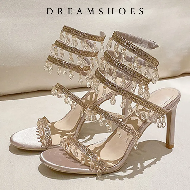 

Summer Satin New Water Diamond Sexy High Heels Slim Fashion Sandals with Thin Heels High-heeled Stiletto Women's Mule