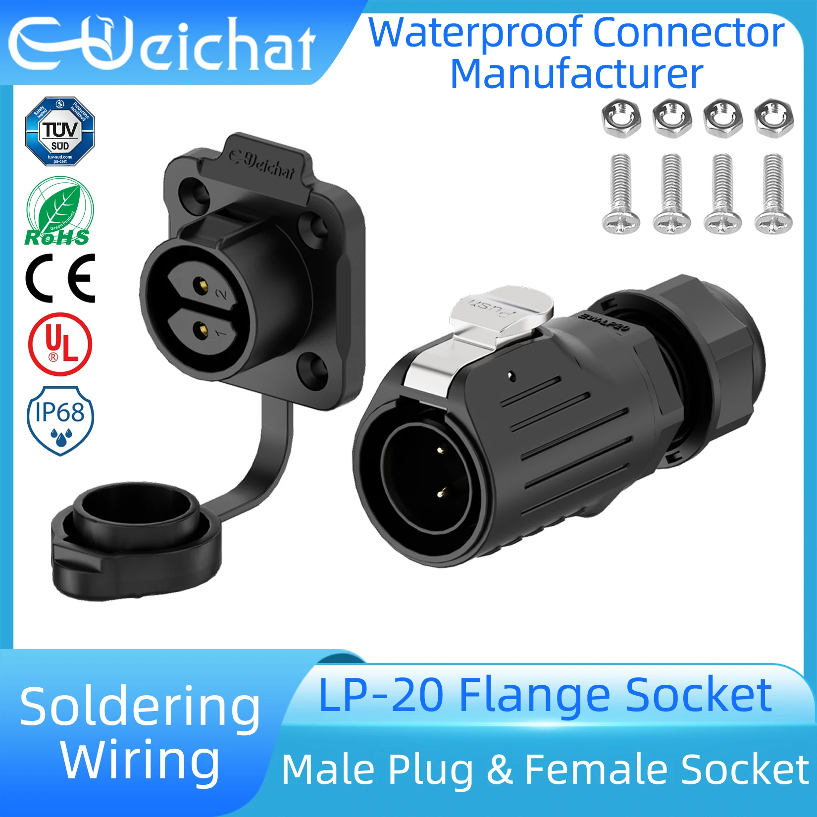 

LP20 IP68 Waterproof Connector Industrial Circular Aviation Electrical Connector M20 2-12 Pin Plastic Male Plug+Flange Socket