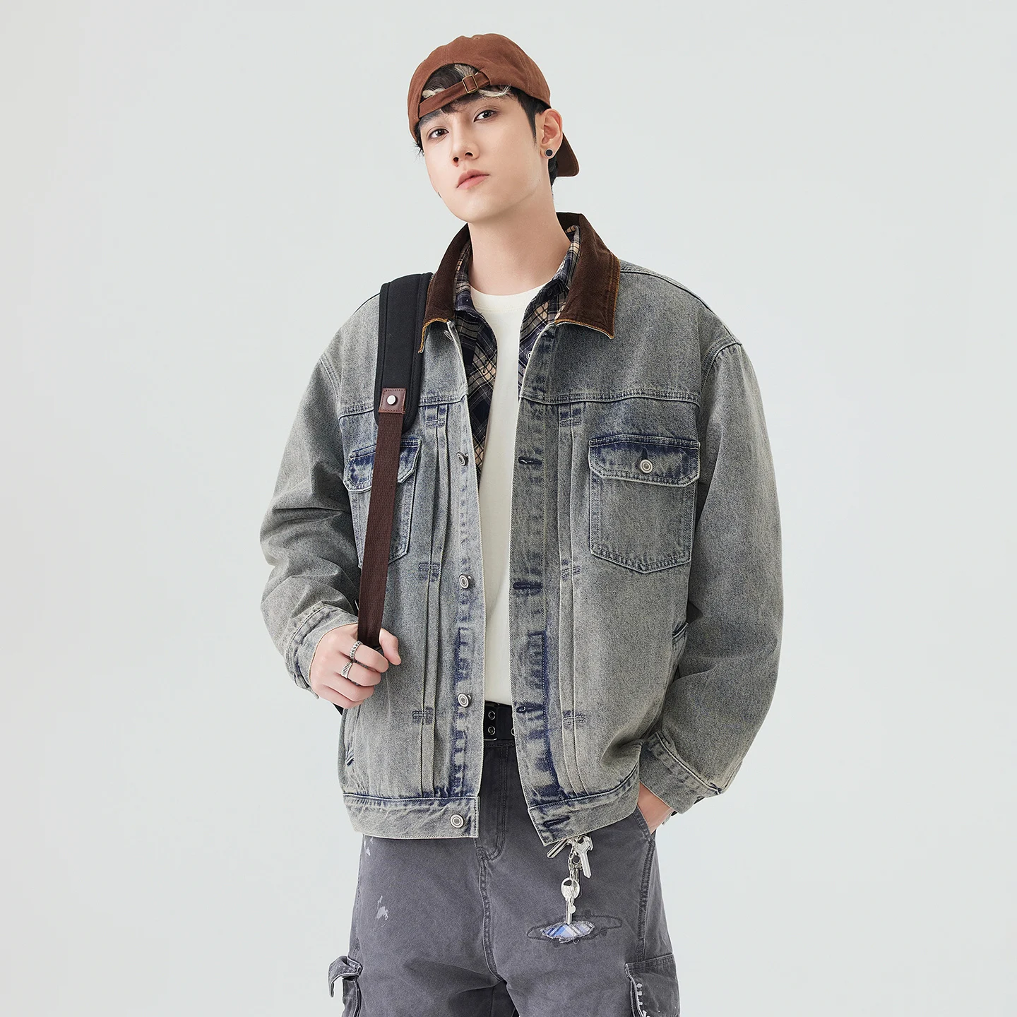 American Classic Retro Color-Block Denim Jacket for Men Spring/Autumn Trendy Brand Loose-Fit Fashionable Stylish Workwear Jacket