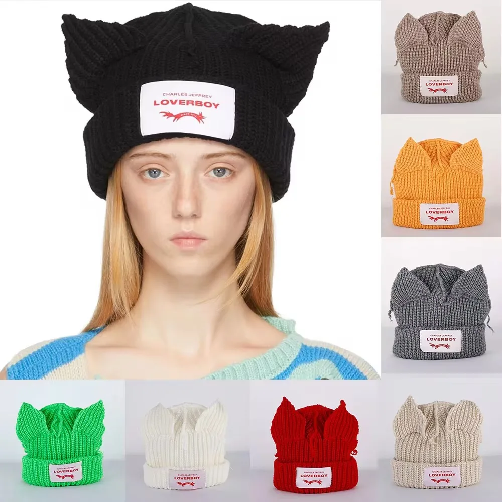 Cute Double-layer Loverboy Cat Ear Knit Hat Hooded Cap Niche Design Knitted Cap Soft Warm Warm Cap Autumn and Winter