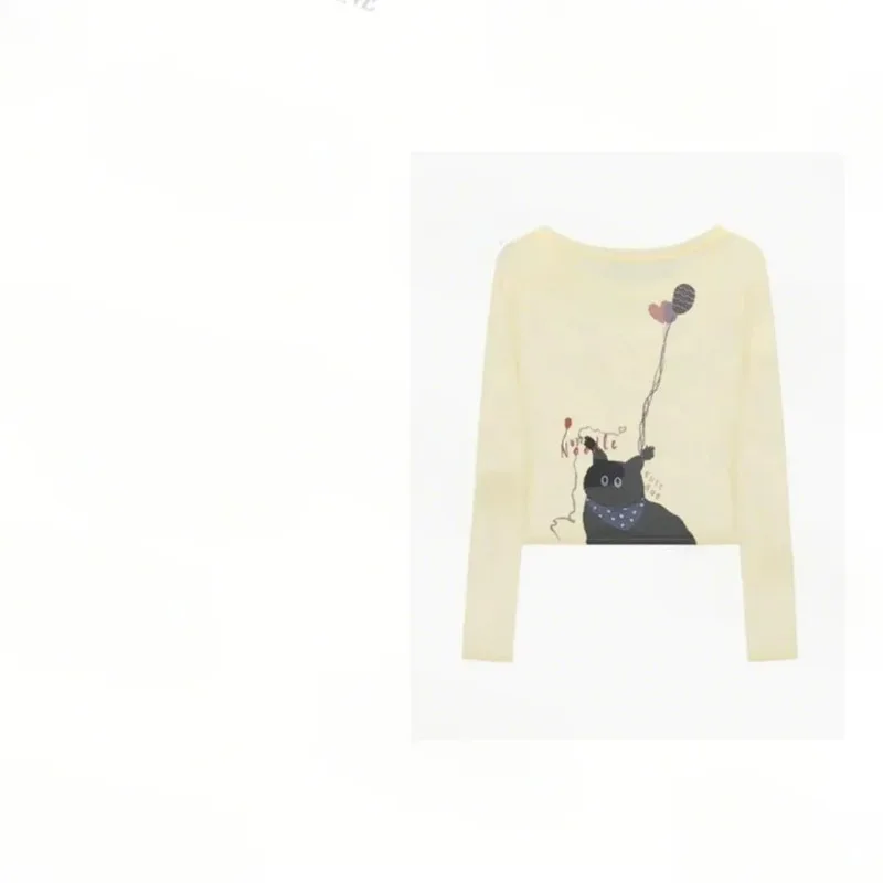 

Дизайнерская ниша с круглым вырезом и брикетом с принтом котенка, футболка с длинными рукавами, женский новый летний свободный топ