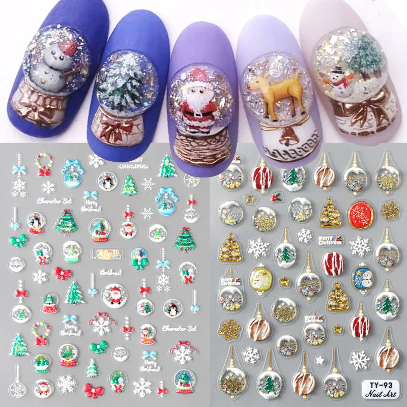 Christmas Crystal Ball Designs 5D Embossed Nail Stickers Cute Winter Snow Globe New Year Santa Xmas Tree Nail Slider Decals