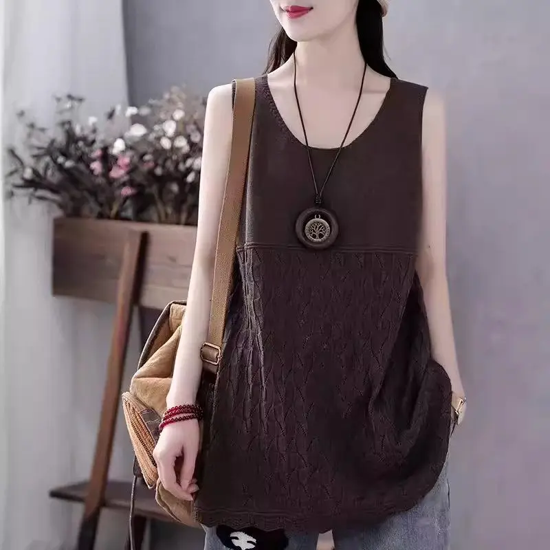 Ice Silk Knitted Suspended Tank Top For Women's Summer 2024 New Loose Bottom Mid length Sleeveless T-Shirt Sweater Vest K1669