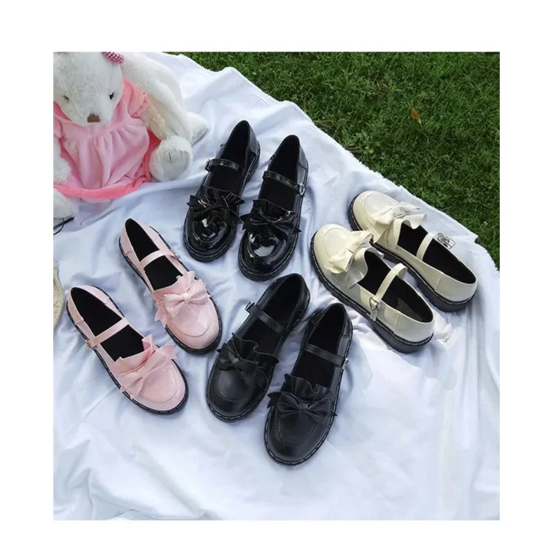 ラウンドトゥバックルストラップボウシューズ,ロリータスタイル,キュートでフラットな日本の学生靴,JK通勤ユニフォーム,マルチカラーオプション