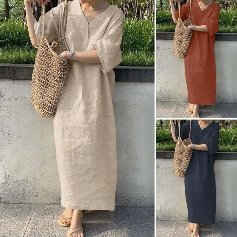 Vestidos de Mujer 2026, Nuevo Vestido Largo Holgado de Lino y Algodón de Color Sólido con Cuello en V y Manga Corta, Ropa de Mujer
