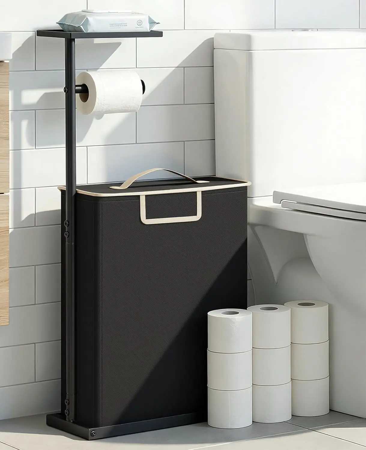 

Freestanding Toilet Paper Holder with Shelf and Lid, Holds Up to 12 Rolls, All-in-One Organizer in Black