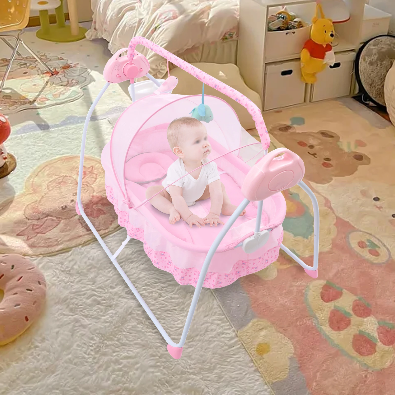 Electric Baby Bluetooth Cradle Swing Sleeping Basket Newborn Bassinet Foldable Pink/blue/khaki