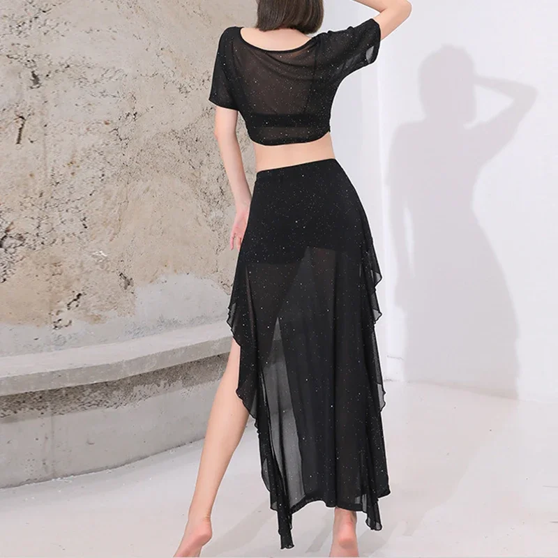 Conjunto de fantasia de dança do ventre brilhante para adultos, 2 peças, tops com saia, feminino, dança do ventre oriental, performance de palco, roupa de dança do ventre