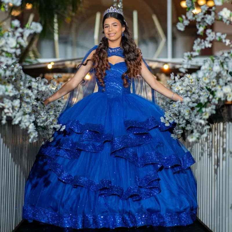

Royal Blue Quinceanera Dresses Off the Shoulder Decal Crystal Lace Layering Long tail Vestido De 15 Quinceanera Customize
