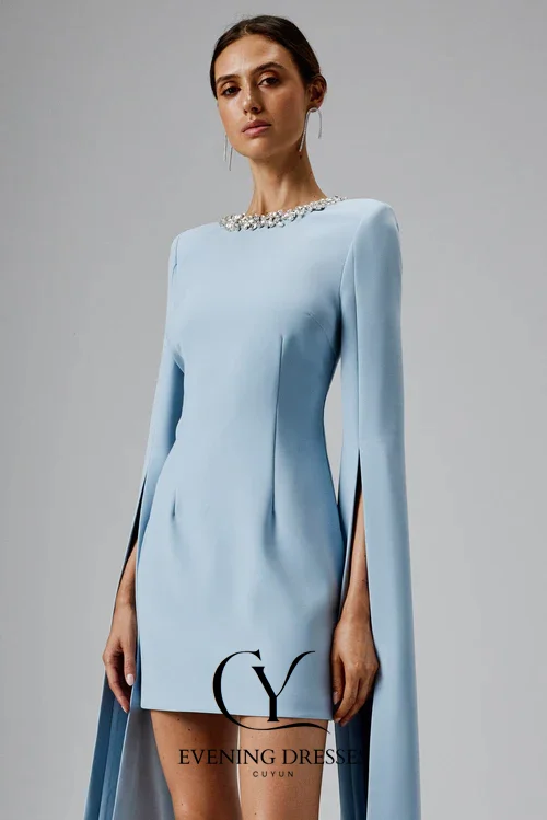 CUYUN 2025 جديد الأزرق كيب الأكمام فساتين صغيرة النساء فستان حفلات سكوب طوق الديكور الفاخرة النساء فستان الحفلات للمناسبات الرسمية