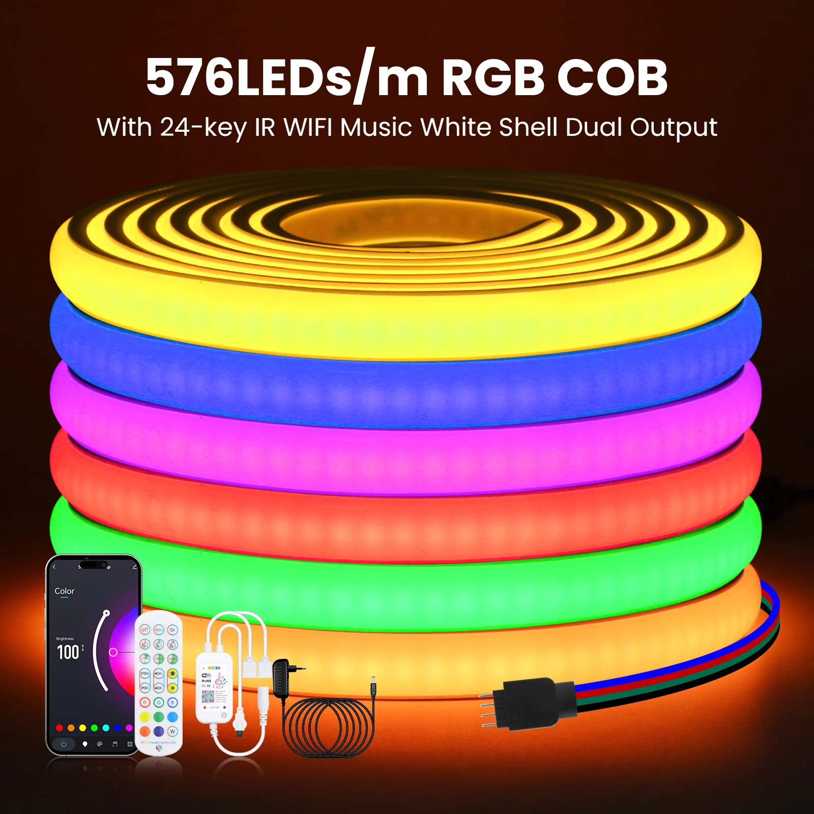 12V 24V RGB COB Strip Tuya WIFI Remote Control Flexible Ribbon Tape 576leds/m Waterproof FOB LED Neon Light Outdoor Room Decor