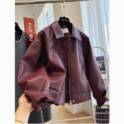 Advanced and Retro Style This Year's Popular Leather Jacket for Women's Motorcycles Lapel Leather Jacket