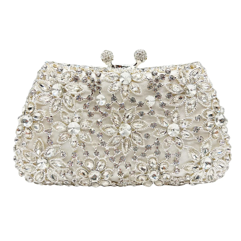 WHTUOHENG Crystal Flower Clutch Purse For Women Diamond Hard Metal Bridal Evening Bag Dinner Rhinestone Party Banquet Handbag