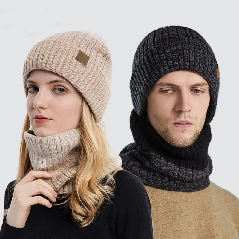 Women Men Winter Hats Color Matching Cuffed Beanie and Bib Thick Knitted Ski