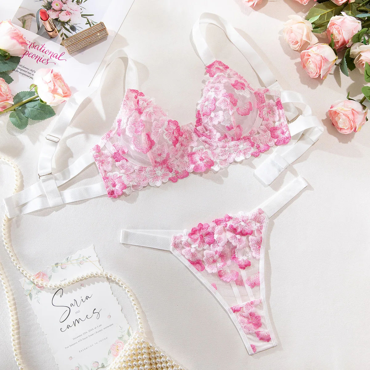 Pink Floral Romantic Embroidery Sexy Lingerie Set Deluxe Aeshetic Underwear in Good Quality Seductive