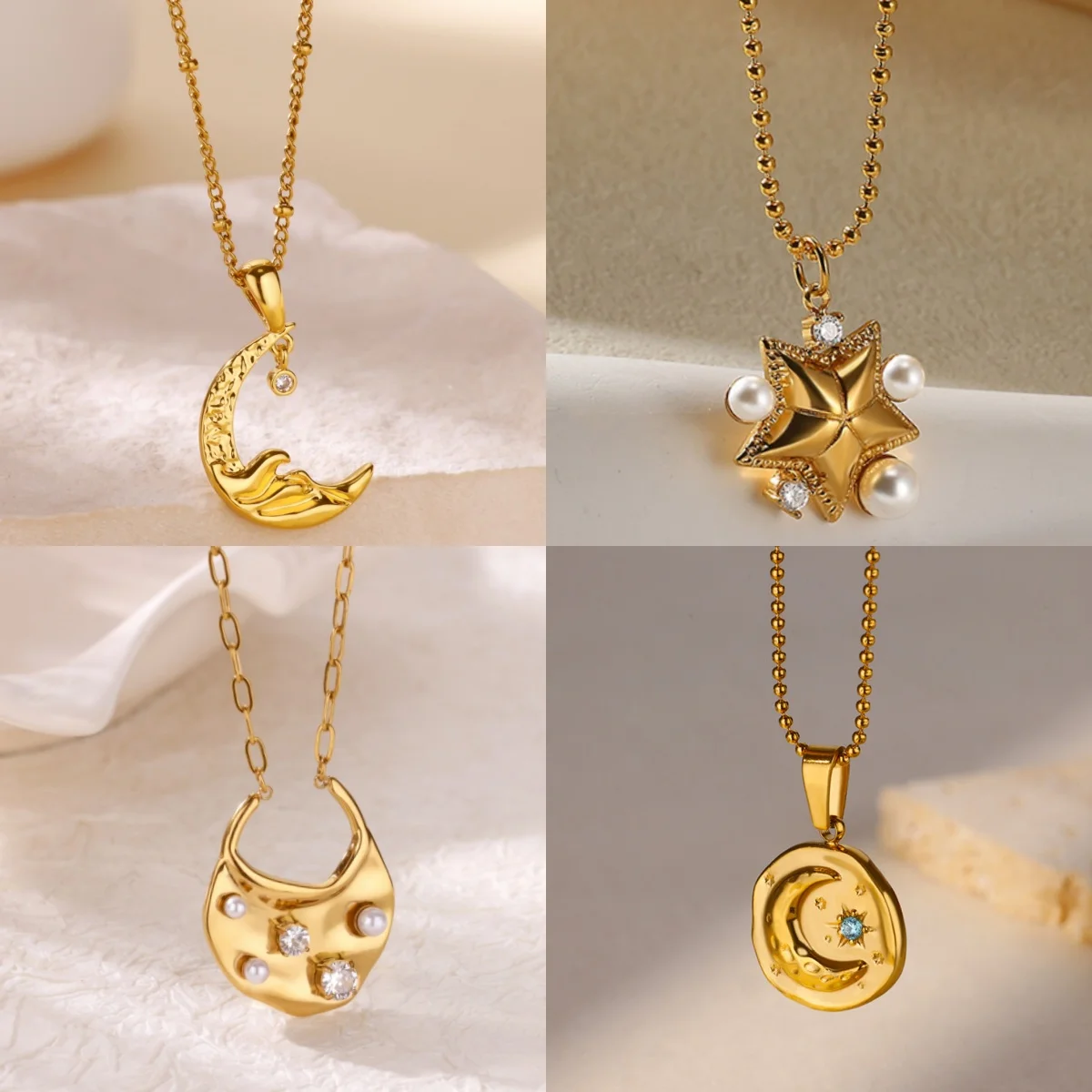 Romantische Seestern-Zirkonia Damenhalsketten Edelstahl 18K Vergoldet Mond Imitationsperle Täglicher Schmuck Geschenk