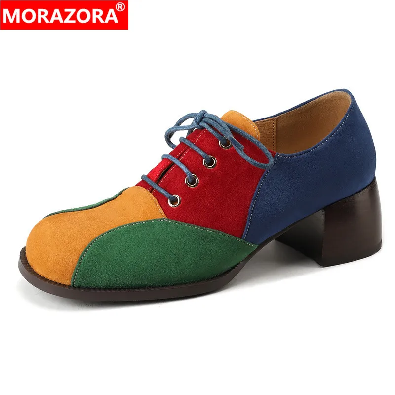 

MORAZORA 2024 New Suede Women Pumps Lace Up Square High Heels Shoes Mixed Color Retro Ladies Office Dress Shoes