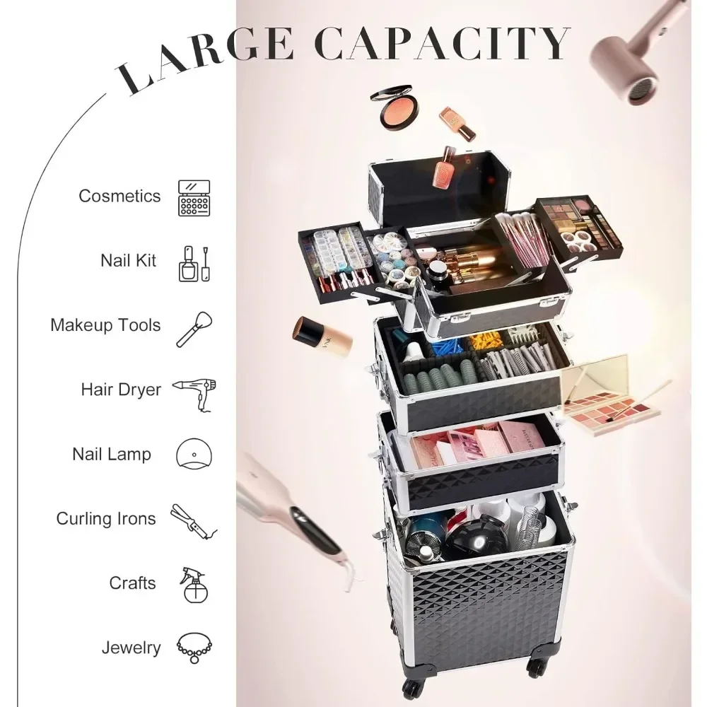 Rolling Makeup Train Case Large Storage Cosmetic Trolley 4 in 1  Capacity   Travel  with Key