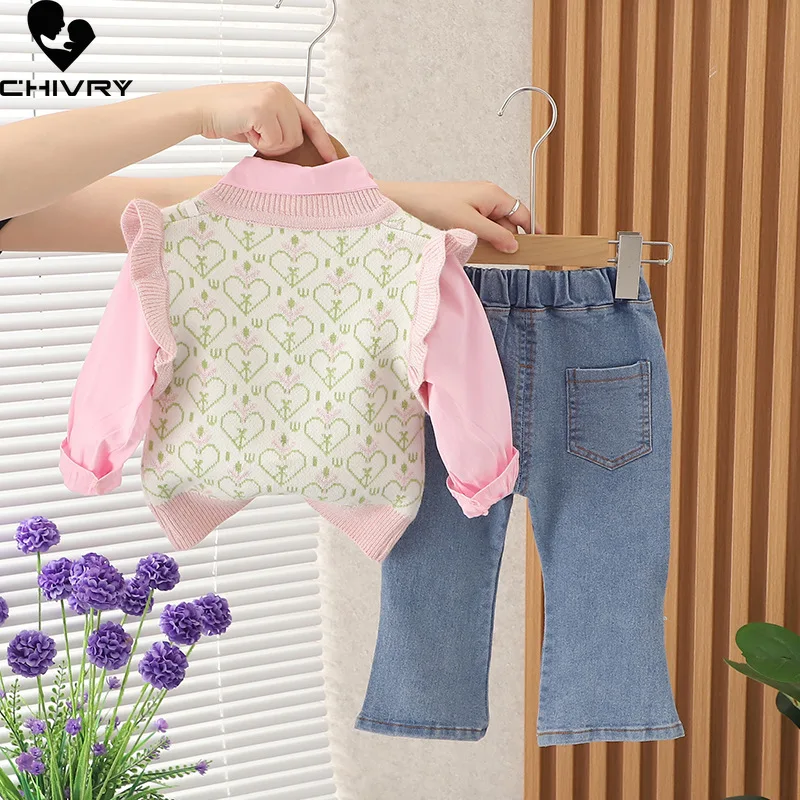 New 2023 Kids Autumn Cute Rabbit V-neck Knit Vest Lapel Shirt with Denim Pants Jeans Baby Girls Casual Three-piece Clothing Sets